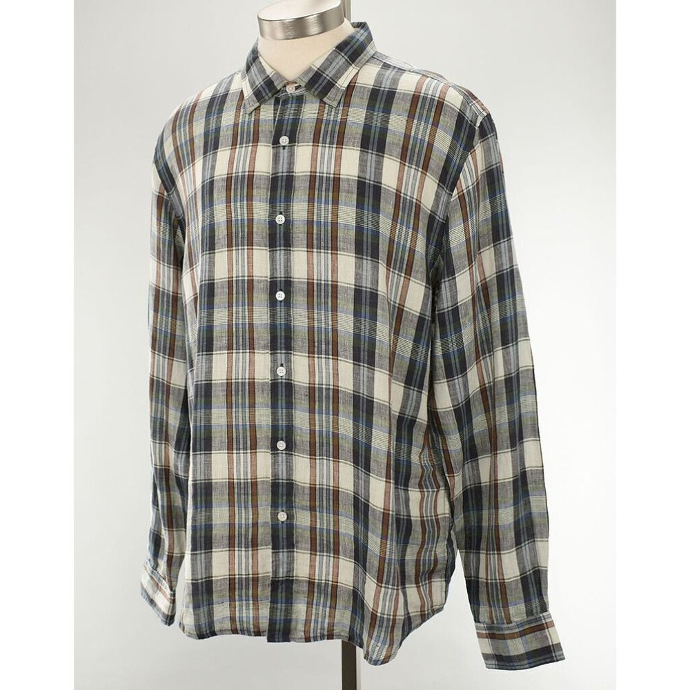THE MENS STORE Gray Caramel CHECK Regular Fit Long Sleeve Linen Shirt XL NWT